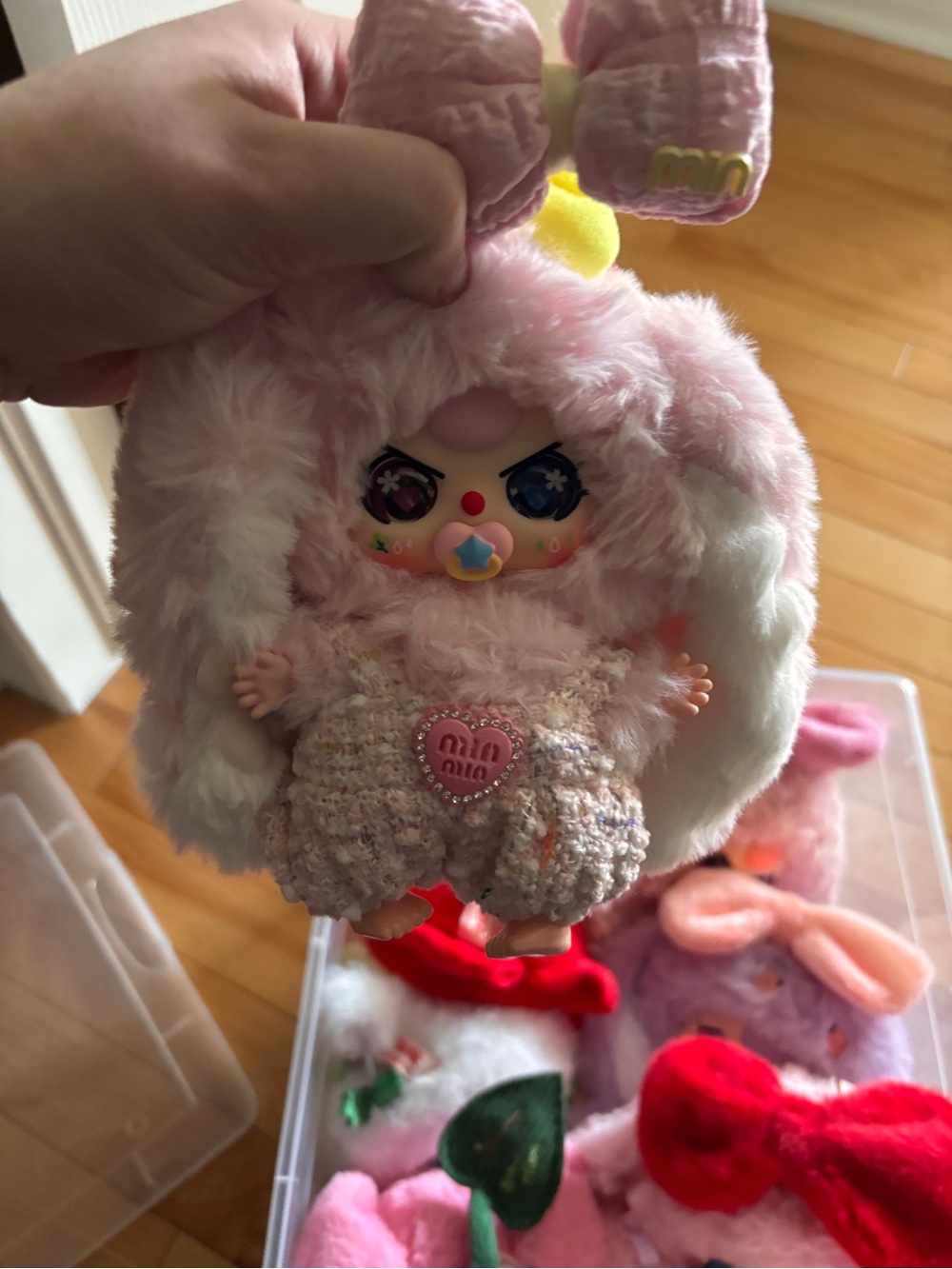 Pink Plush Bunny Doll with Textured Overalls
